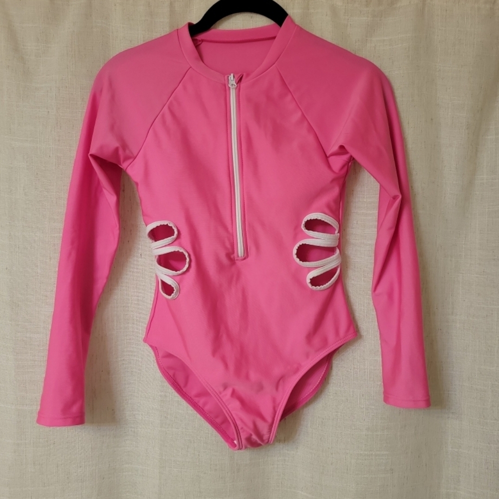 SHEIN Bubblegum Pink Long Sleeve One-Piece Swimsuit with Front Zipper